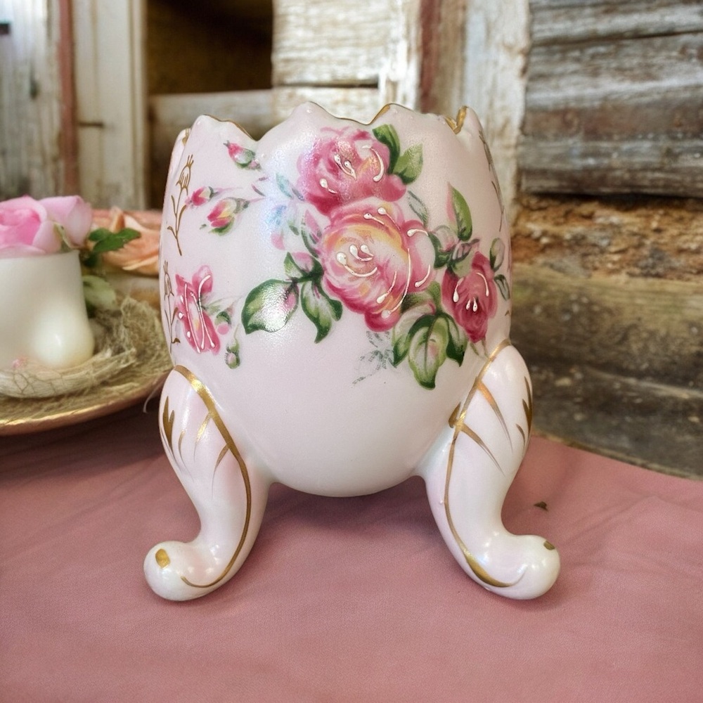 Vintage Porcelain Footed Cracked Egg Vase Pink Roses Gold Trim Mid Century